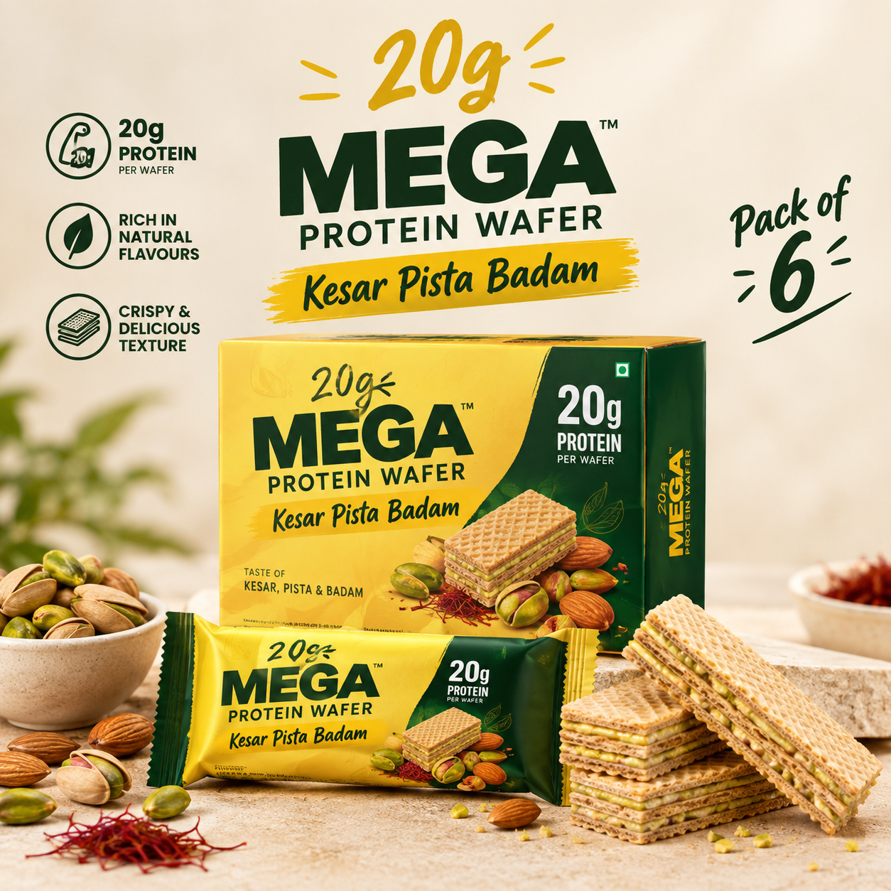 Enzygoo 20g MEGA Protein Wafer - Kesar Pista Badam (Pack of 6)